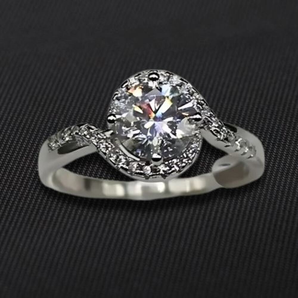 Moissanite Twist Band Engagement Ring Crystal Waves Halo Silver 8 NWT